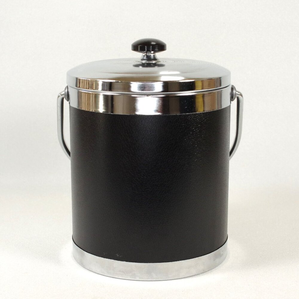 Vintage Black Faux Leather and Chrome Insulated Ice Bucket with lid and Handle